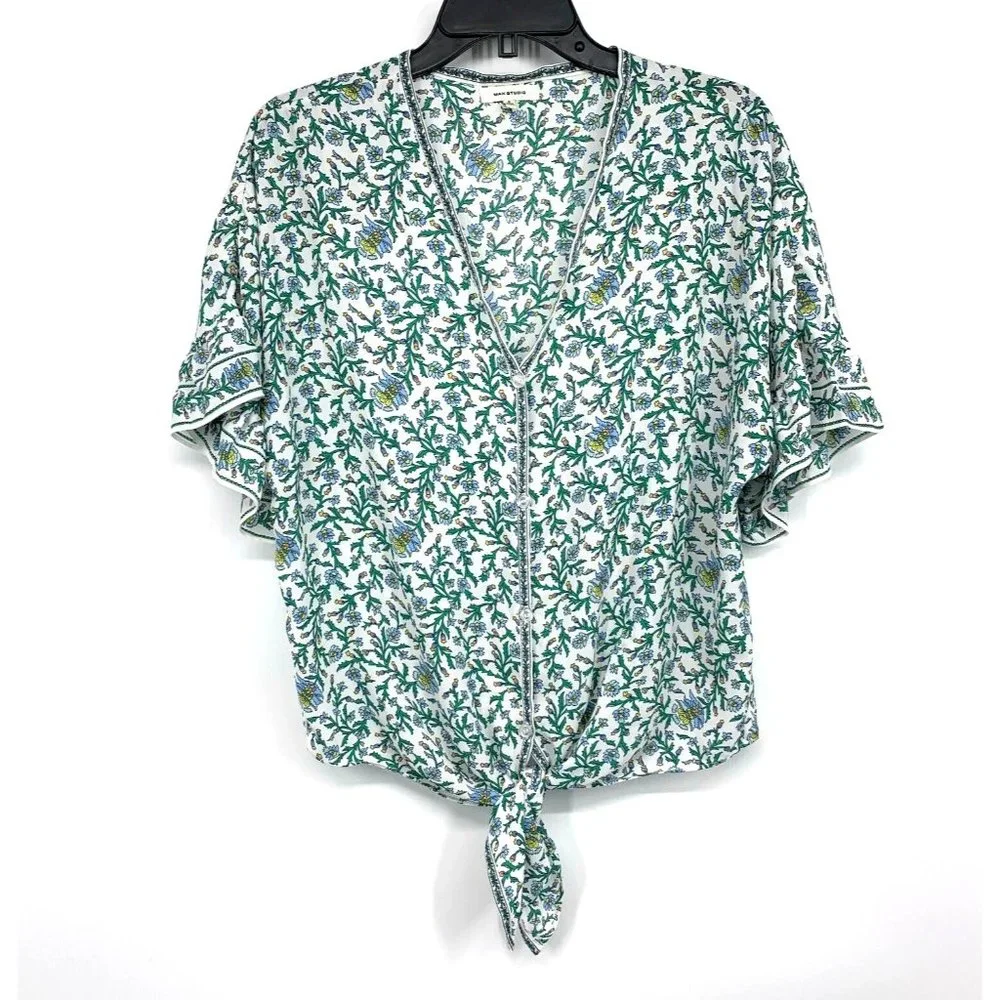 Max Studio Top Green White Floral Print Tie Front Button Up V Neck